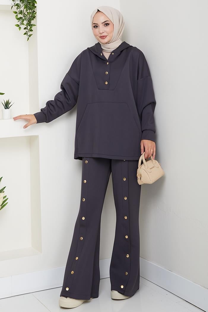 Kapüşonlu Düğme Detaylı Scuba Takım 1592 - Antrasit