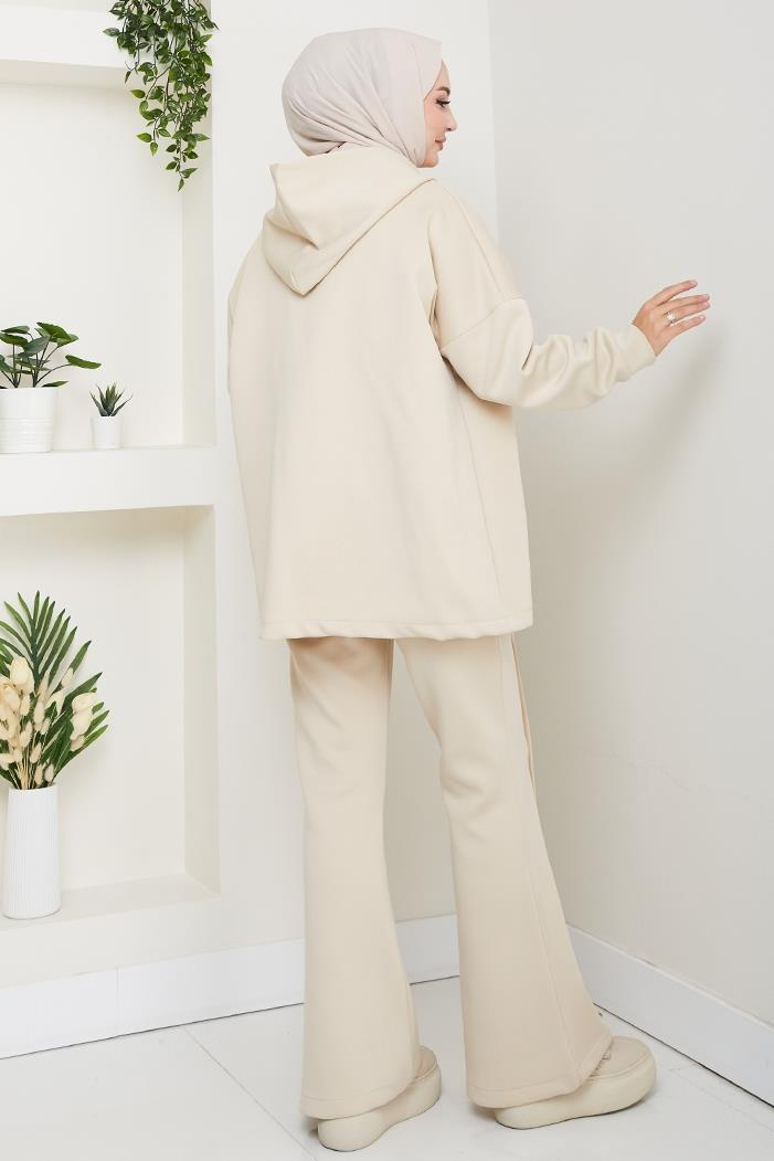 Kapüşonlu Düğme Detaylı Scuba Takım 1592 - Taş