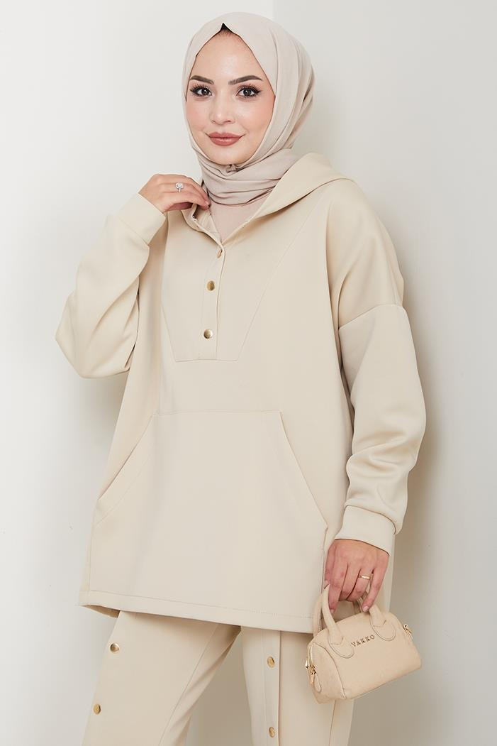 Kapüşonlu Düğme Detaylı Scuba Takım 1592 - Taş