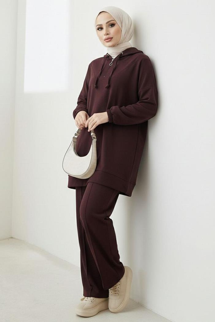 Kapüşonlu Oysho Tunik Pantolon İkili Takım 1676 - Kahve