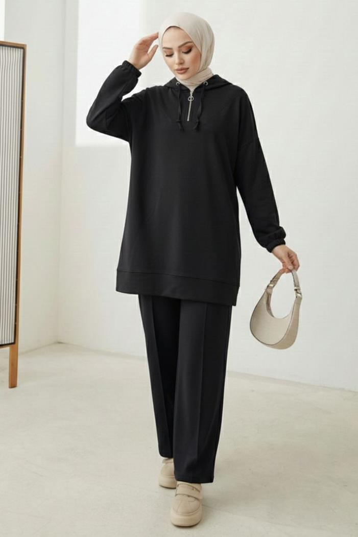 Kapüşonlu Oysho Tunik Pantolon İkili Takım 1676 - Siyah