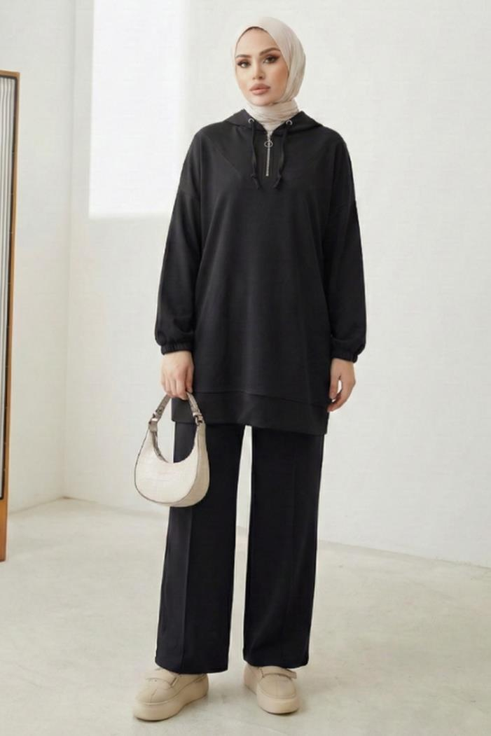 Kapüşonlu Oysho Tunik Pantolon İkili Takım 1676 - Siyah