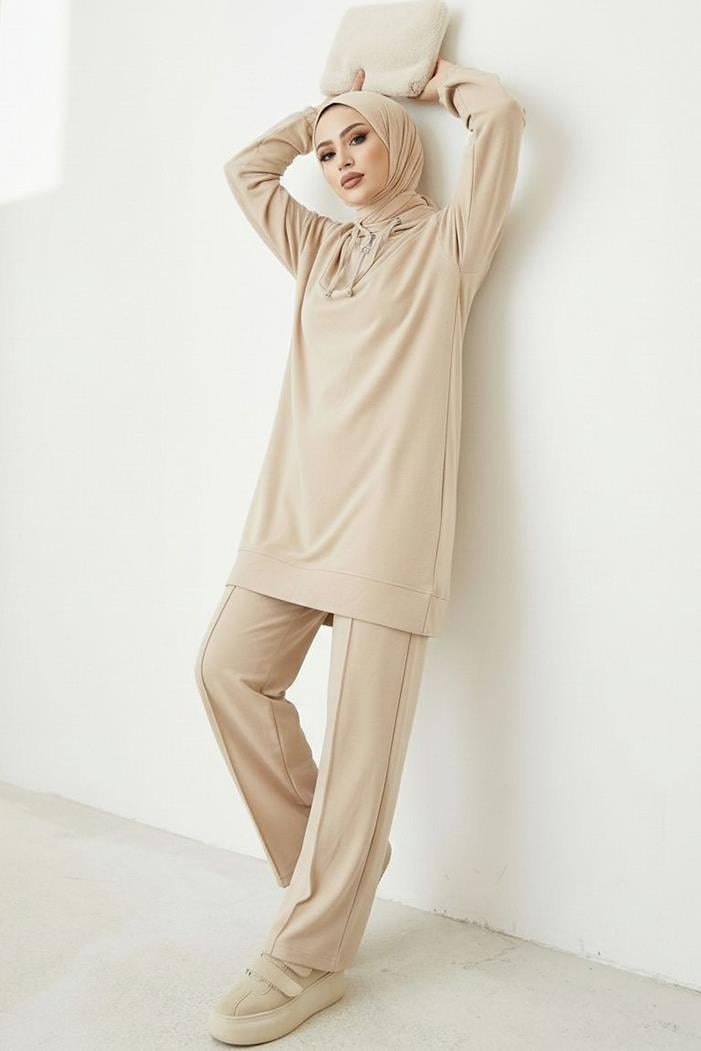 Kapüşonlu Oysho Tunik Pantolon İkili Takım 1676 - Taş