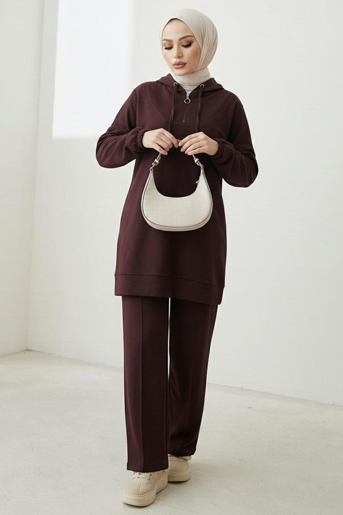 Kapüşonlu Oysho Tunik Pantolon İkili Takım 1676 - Kahve