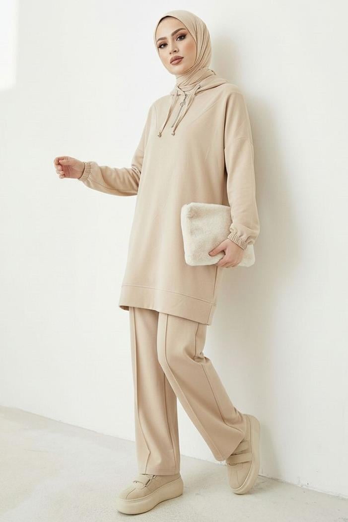 Kapüşonlu Oysho Tunik Pantolon İkili Takım 1676 - Taş
