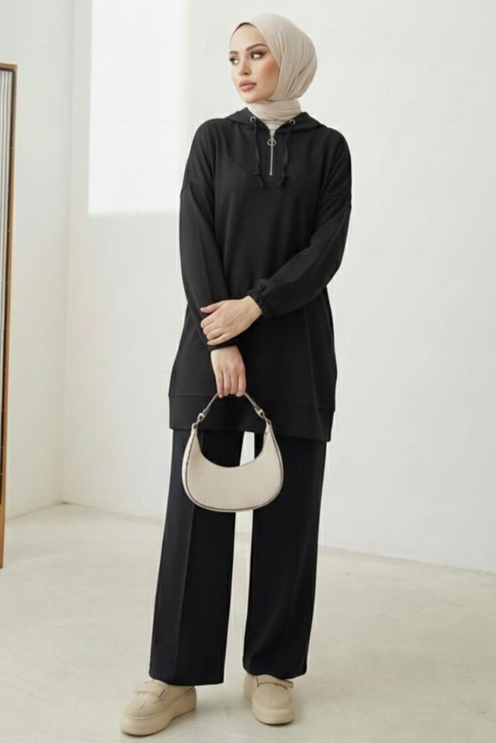 Kapüşonlu Oysho Tunik Pantolon İkili Takım 1676 - Siyah