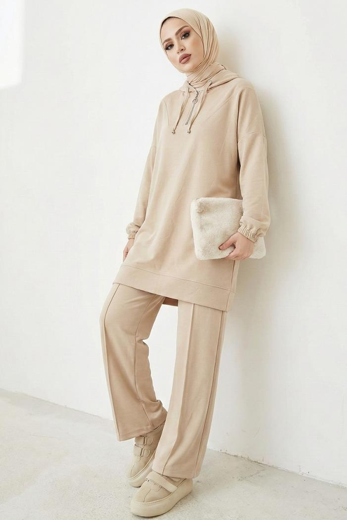 Kapüşonlu Oysho Tunik Pantolon İkili Takım 1676 - Taş