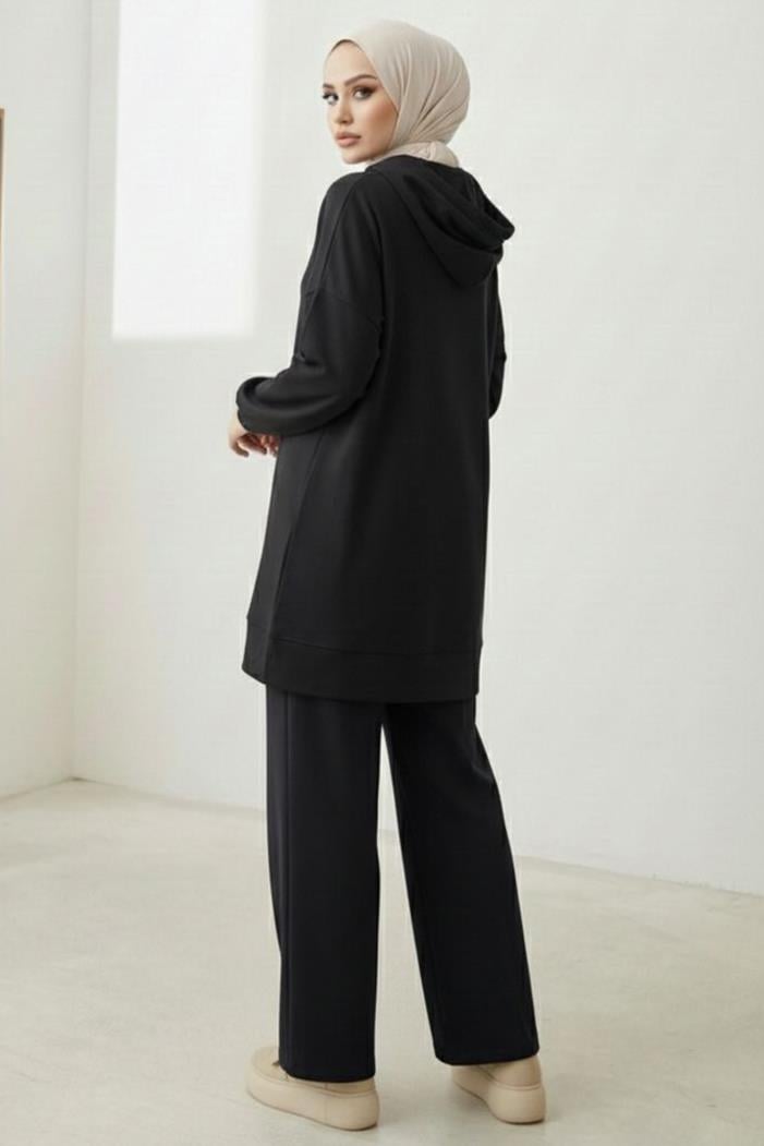 Kapüşonlu Oysho Tunik Pantolon İkili Takım 1676 - Siyah