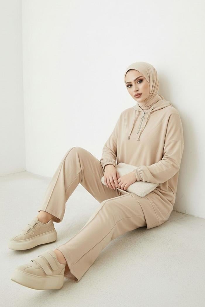 Kapüşonlu Oysho Tunik Pantolon İkili Takım 1676 - Taş