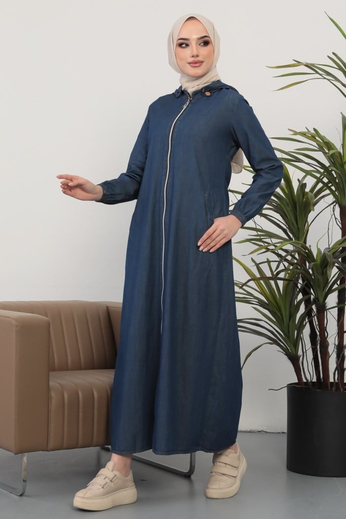 Kapüşonlu Tam Boy Çift Cep Fermuarlı Tesettür Kot Kap 223 - Koyu Mavi