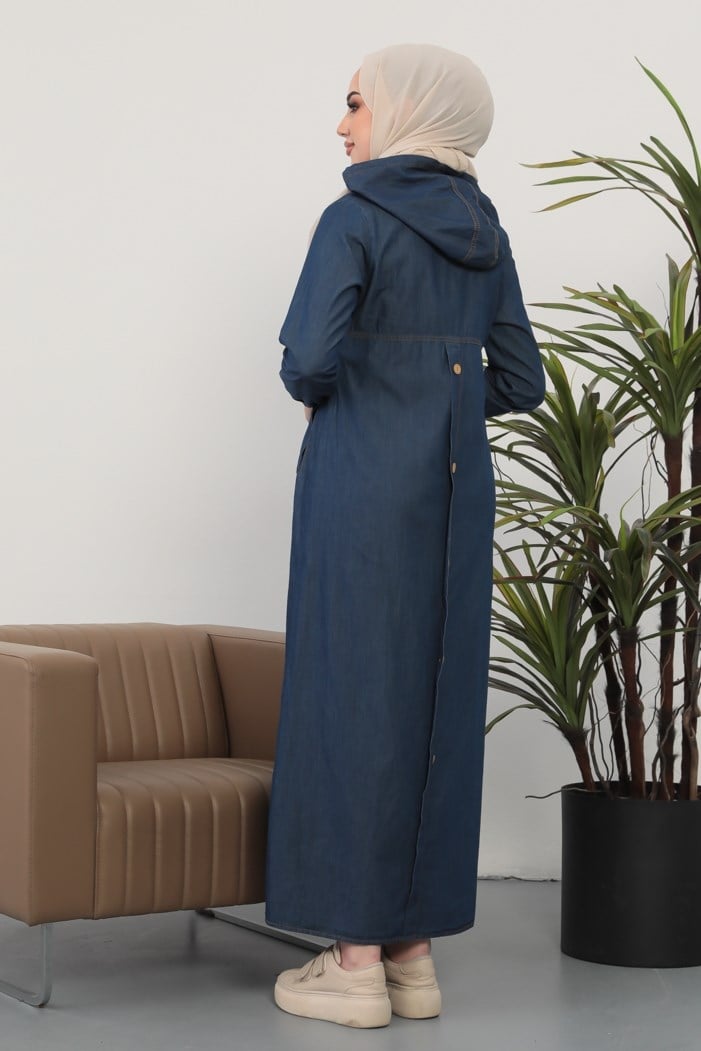 Kapüşonlu Tam Boy Çift Cep Fermuarlı Tesettür Kot Kap 223 - Koyu Mavi