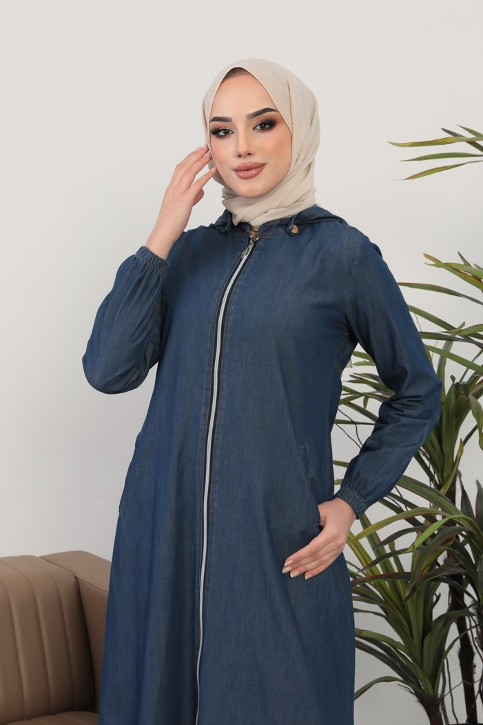 Kapüşonlu Tam Boy Çift Cep Fermuarlı Tesettür Kot Kap 223 - Koyu Mavi