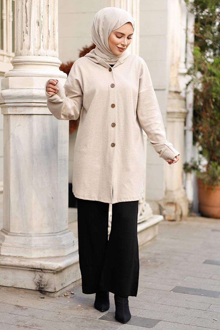 Kapüşonlu Triko Kap 1262 - Taş