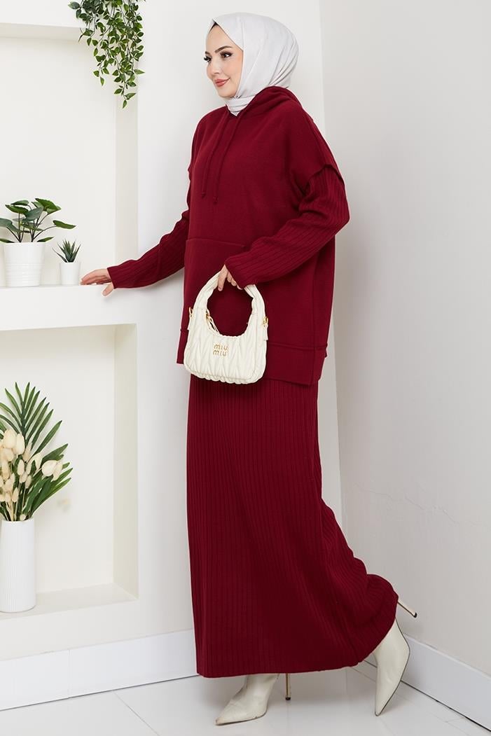 Kapüşonlu Tunik Elbise Triko Takım 1645 - Bordo