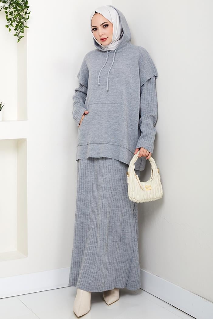 Kapüşonlu Tunik Elbise Triko Takım 1645 - Gri