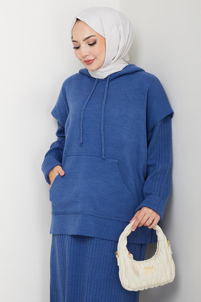 Kapüşonlu Tunik Elbise Triko Takım 1645 - Mavi