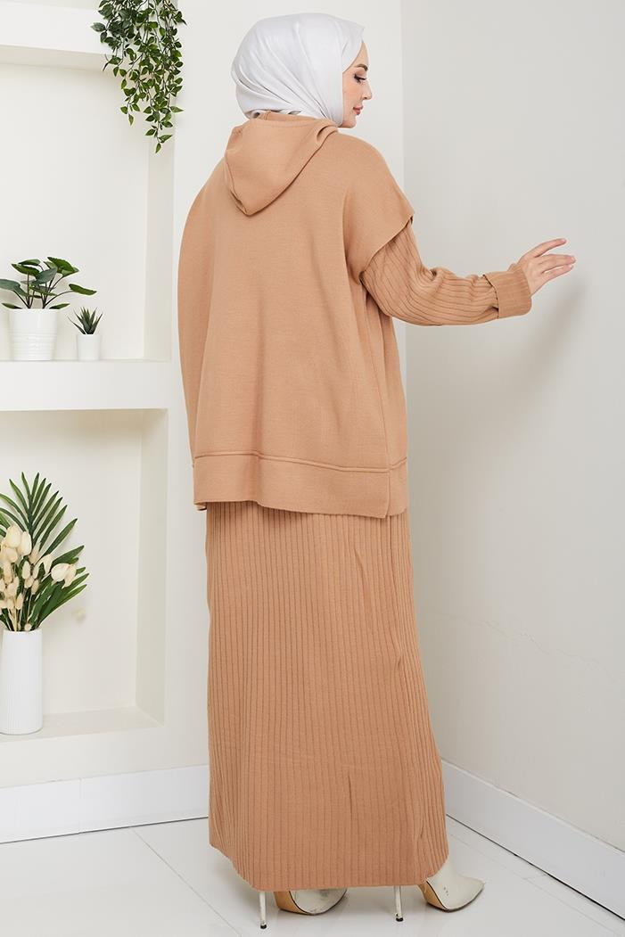 Kapüşonlu Tunik Elbise Triko Takım 1645 - Vizon