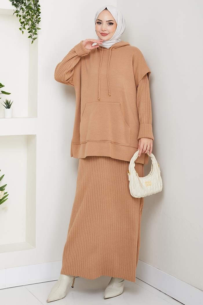 Kapüşonlu Tunik Elbise Triko Takım 1645 - Vizon