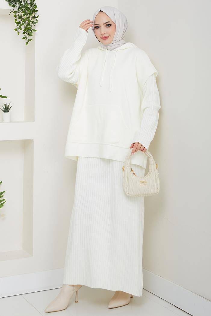 Kapüşonlu Tunik Elbise Triko Takım 1645 - Beyaz