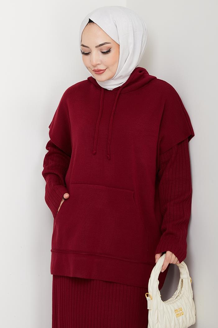 Kapüşonlu Tunik Elbise Triko Takım 1645 - Bordo