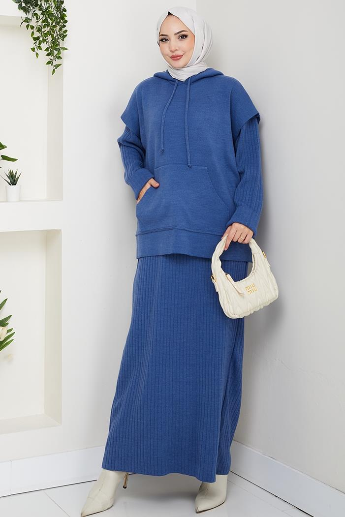 Kapüşonlu Tunik Elbise Triko Takım 1645 - Mavi