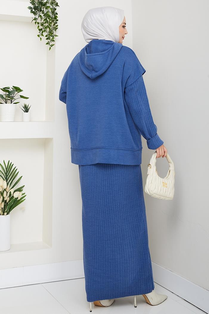 Kapüşonlu Tunik Elbise Triko Takım 1645 - Mavi