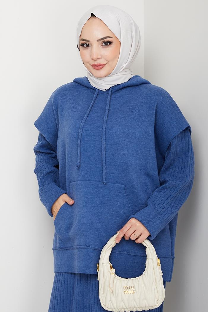Kapüşonlu Tunik Elbise Triko Takım 1645 - Mavi