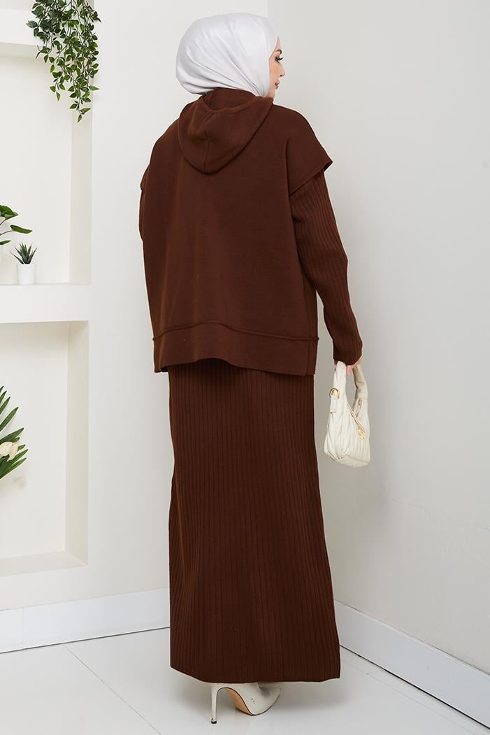 Kapüşonlu Tunik Elbise Triko Takım 1645 - Kahve