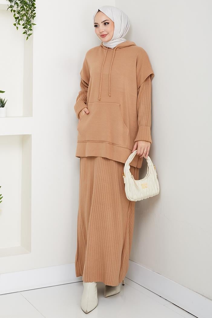 Kapüşonlu Tunik Elbise Triko Takım 1645 - Vizon