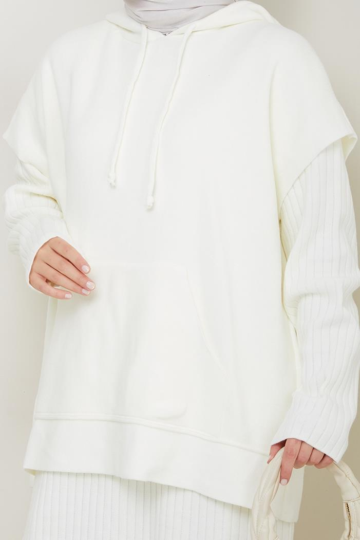 Kapüşonlu Tunik Elbise Triko Takım 1645 - Beyaz