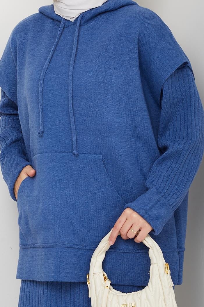 Kapüşonlu Tunik Elbise Triko Takım 1645 - Mavi