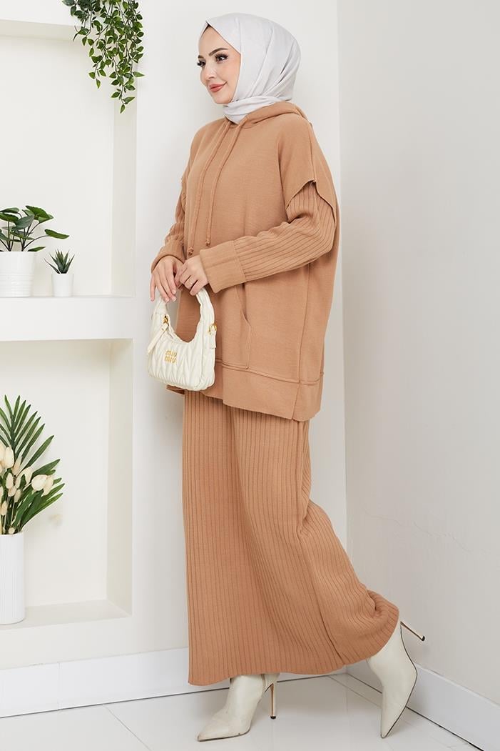 Kapüşonlu Tunik Elbise Triko Takım 1645 - Vizon