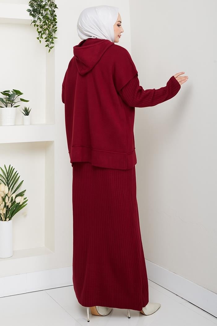 Kapüşonlu Tunik Elbise Triko Takım 1645 - Bordo