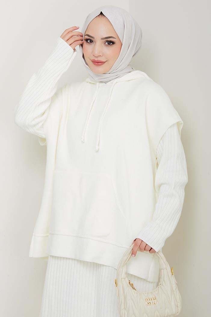 Kapüşonlu Tunik Elbise Triko Takım 1645 - Beyaz