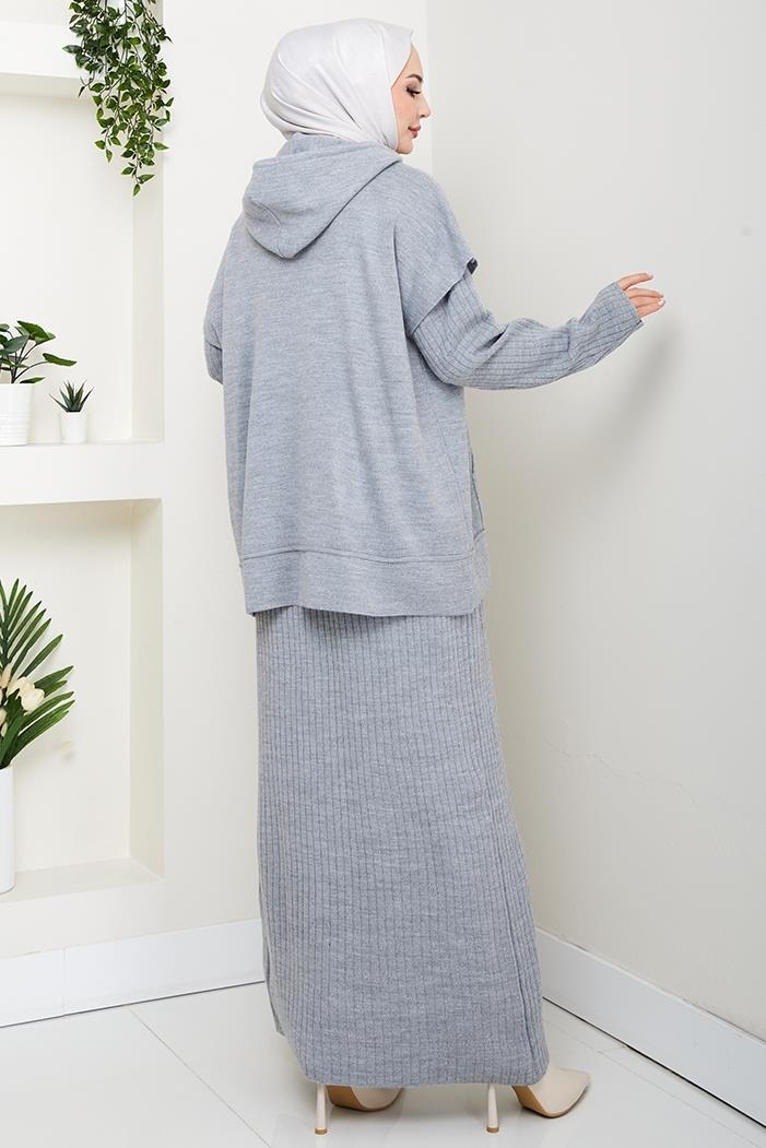 Kapüşonlu Tunik Elbise Triko Takım 1645 - Gri