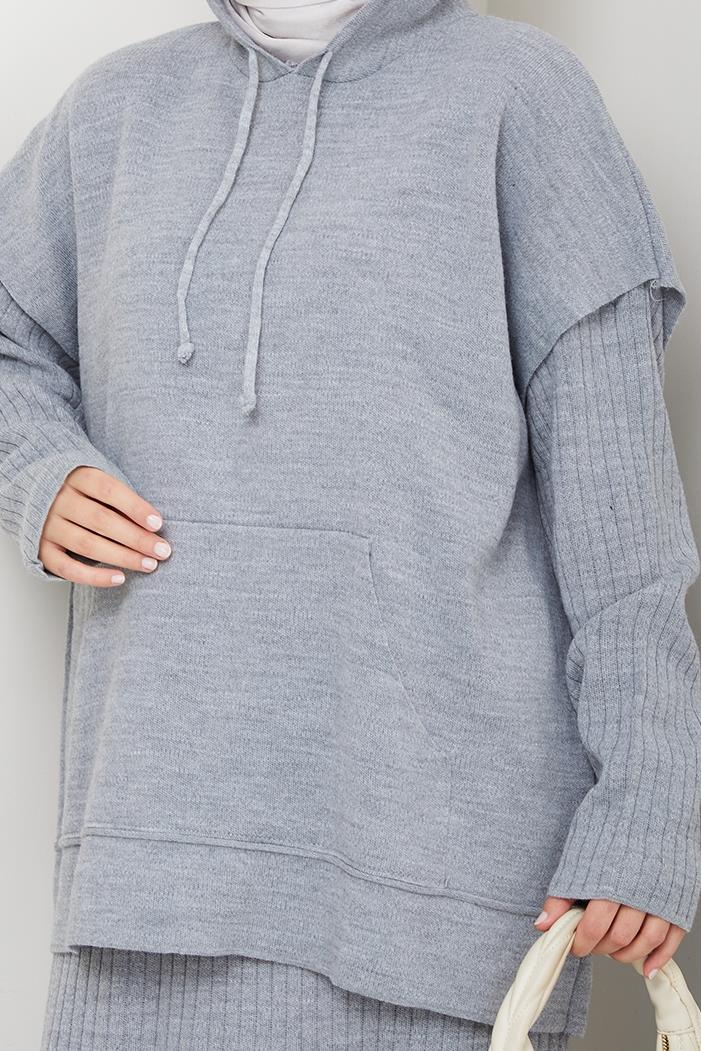Kapüşonlu Tunik Elbise Triko Takım 1645 - Gri