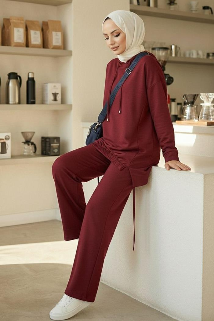 Kapüşonlu Tunik Pantolon Takım 1682 - Bordo