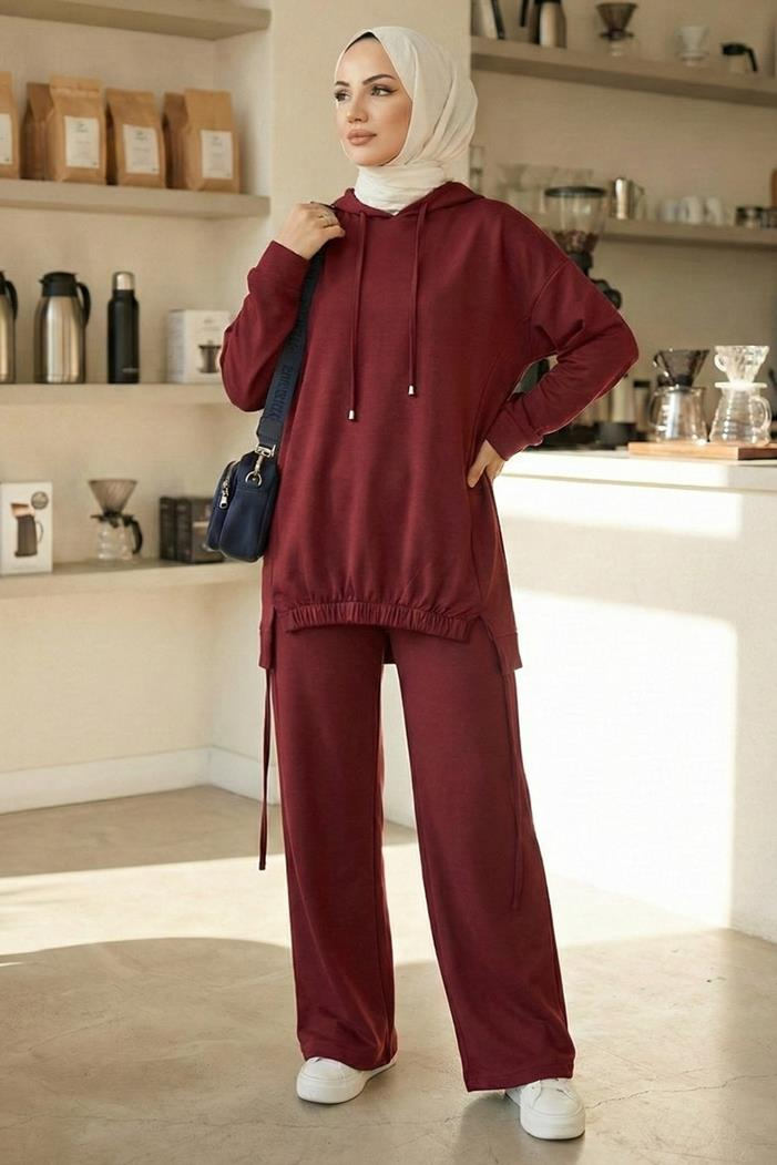 Kapüşonlu Tunik Pantolon Takım 1682 - Bordo