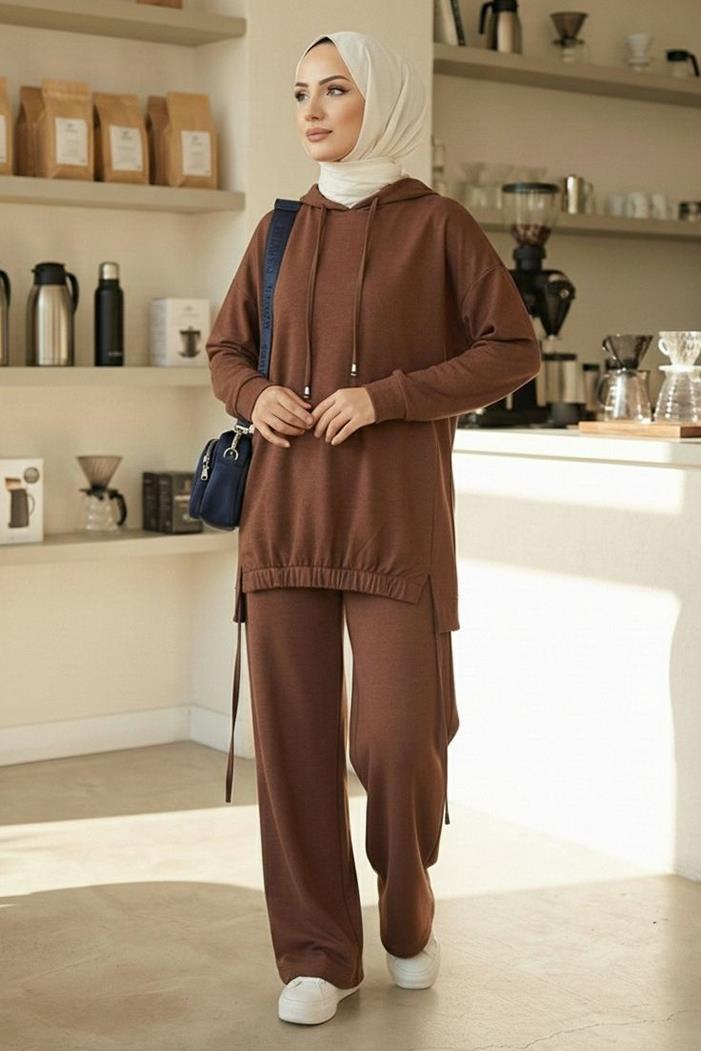 Kapüşonlu Tunik Pantolon Takım 1682 - Kahve