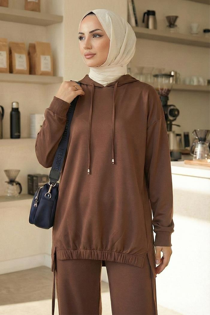 Kapüşonlu Tunik Pantolon Takım 1682 - Kahve