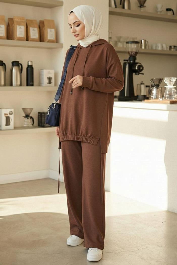 Kapüşonlu Tunik Pantolon Takım 1682 - Kahve