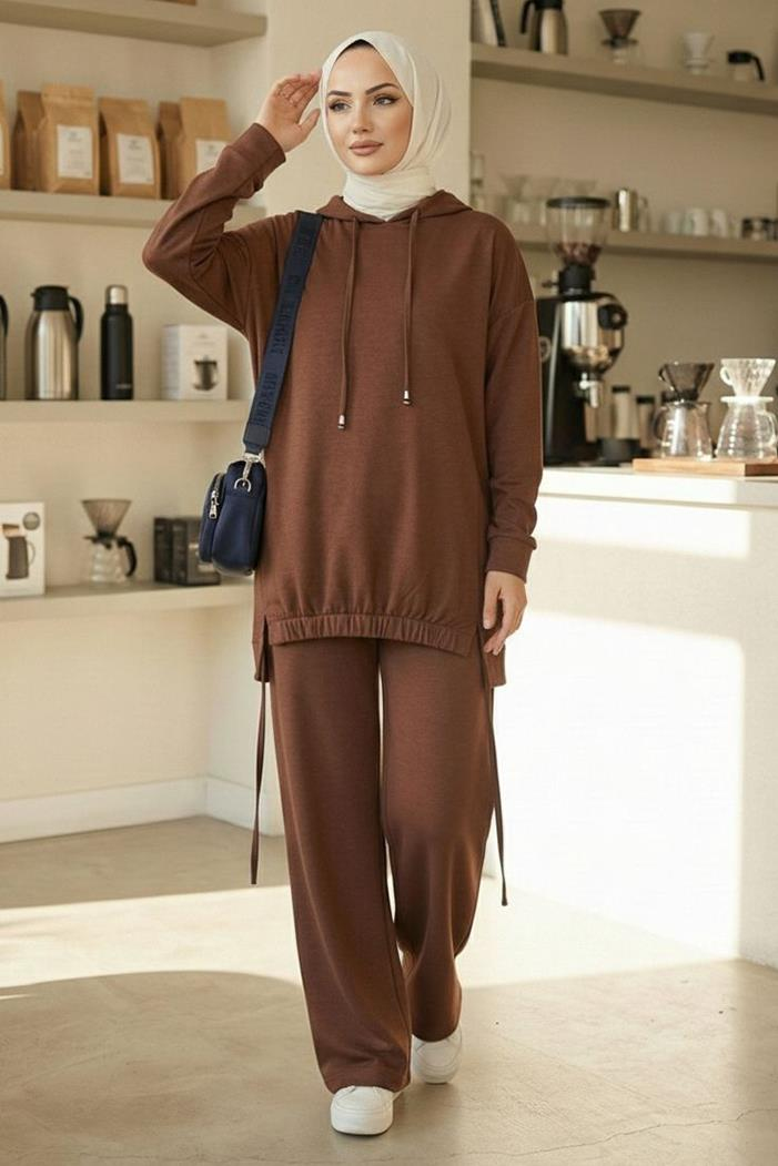 Kapüşonlu Tunik Pantolon Takım 1682 - Kahve