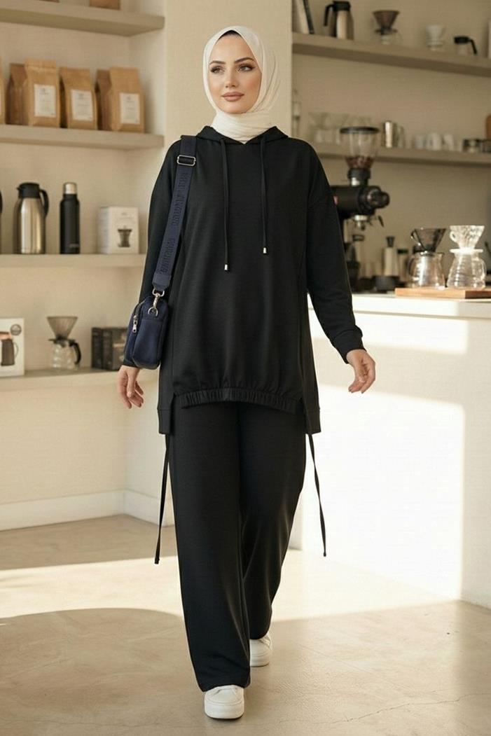 Kapüşonlu Tunik Pantolon Takım 1682 - Siyah