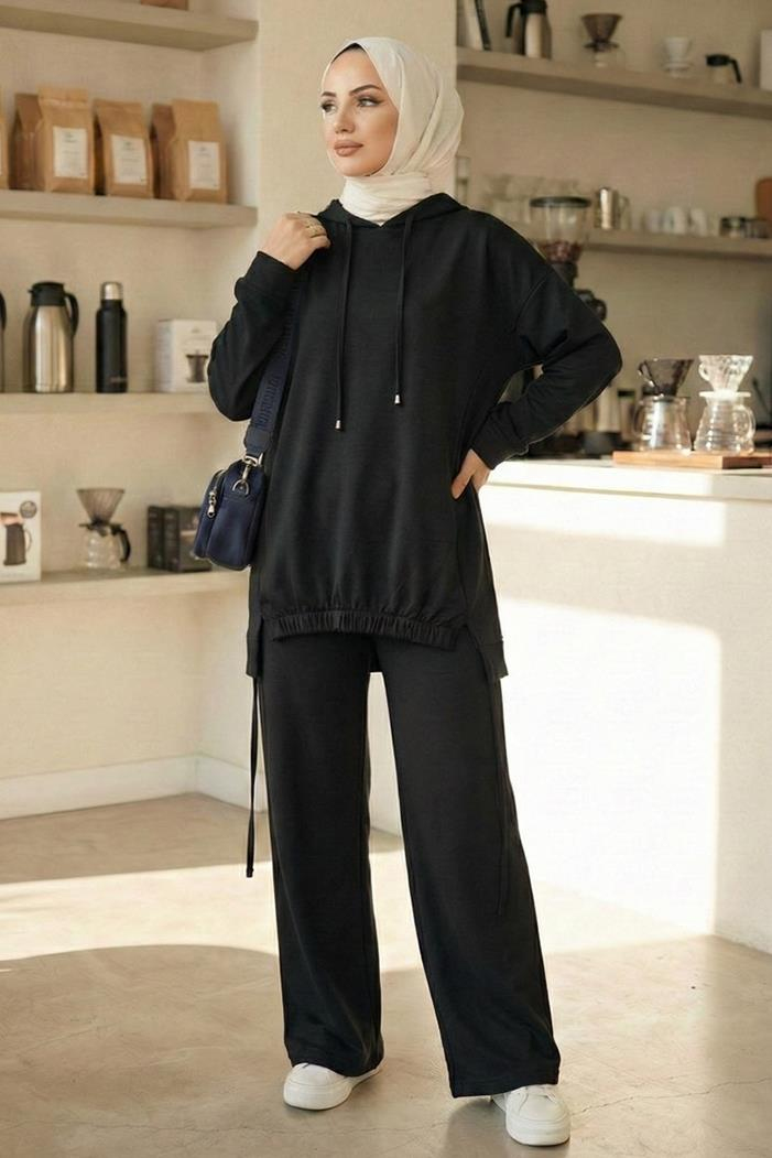 Kapüşonlu Tunik Pantolon Takım 1682 - Siyah