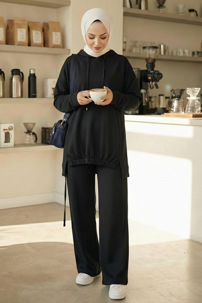 Kapüşonlu Tunik Pantolon Takım 1682 - Siyah