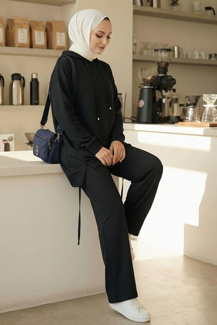 Kapüşonlu Tunik Pantolon Takım 1682 - Siyah