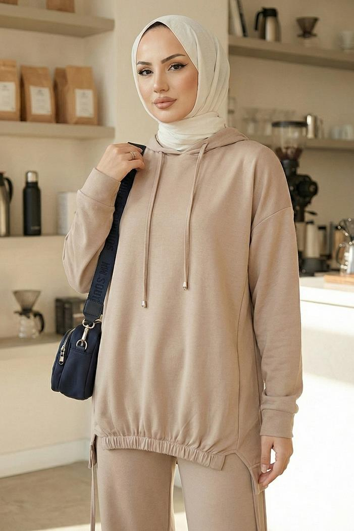 Kapüşonlu Tunik Pantolon Takım 1682 - Vizon