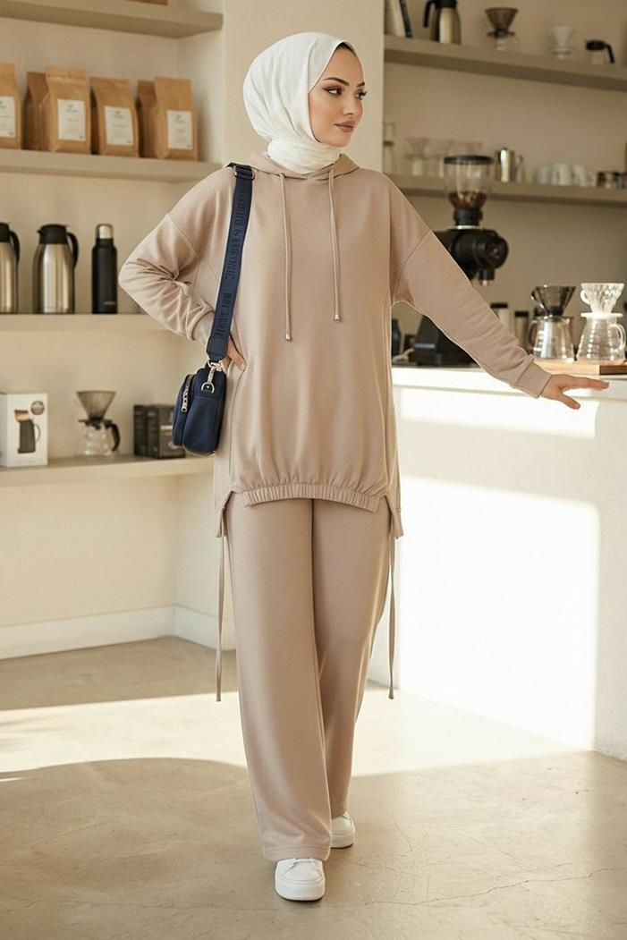 Kapüşonlu Tunik Pantolon Takım 1682 - Vizon