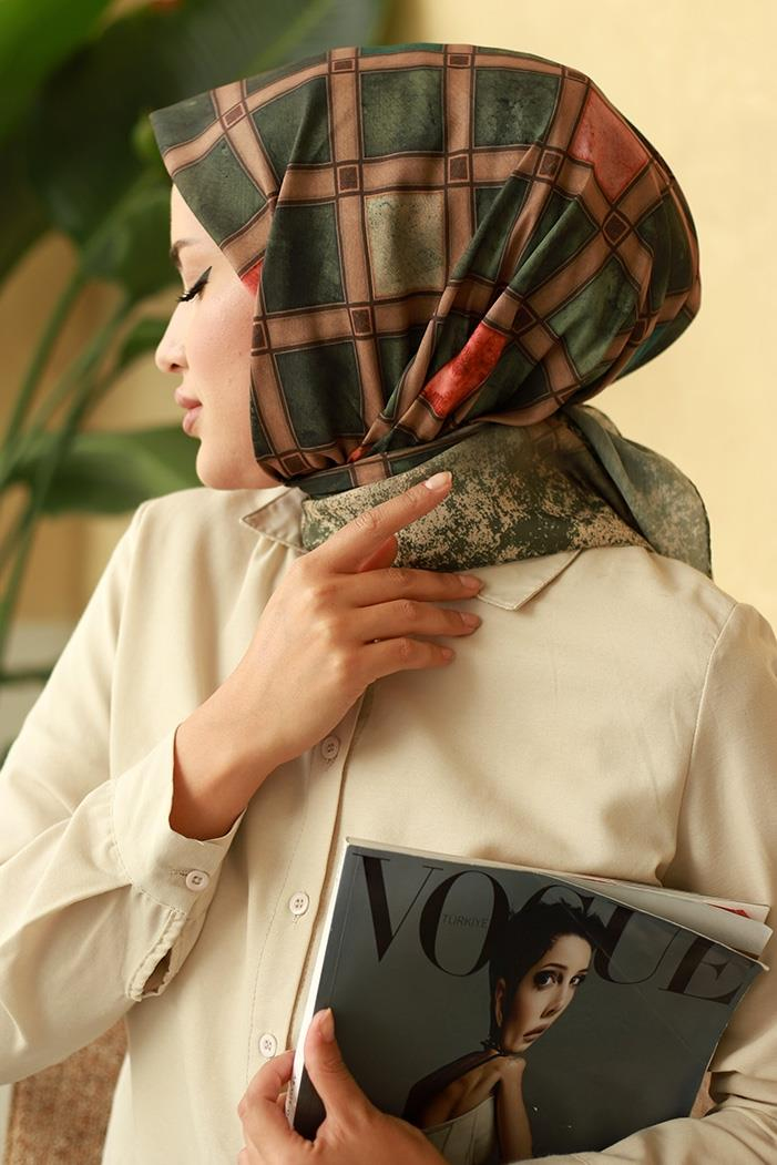 Kare Desen Soft Eşarp 630 - Haki