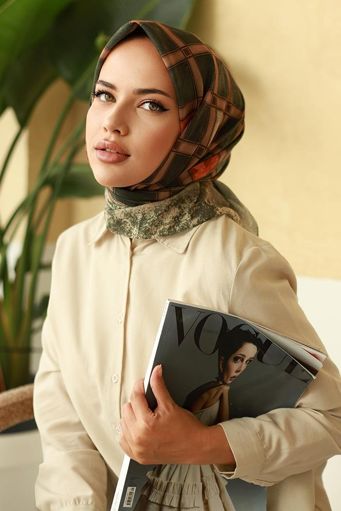 Kare Desen Soft Eşarp 630 - Haki